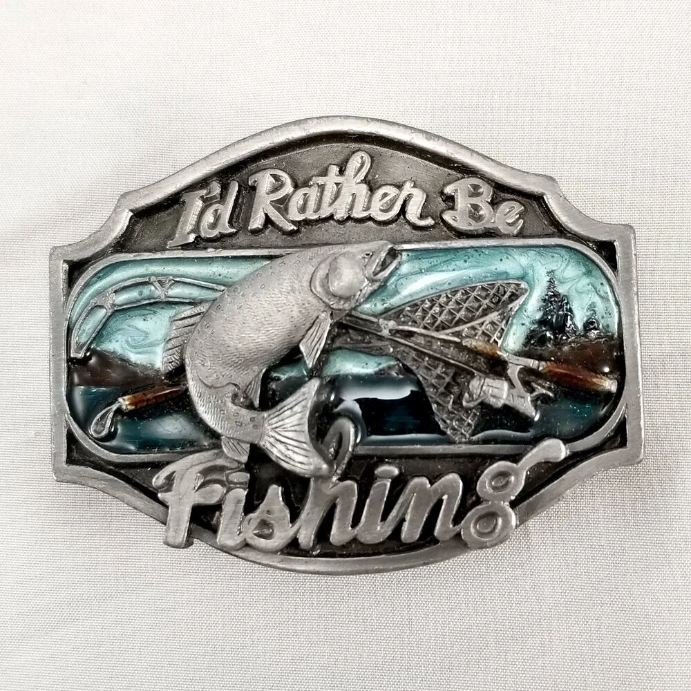Vintage I'd Rather Be‎ Fishing Belt Buckle Rio Grande Buckle Co. 1989 Pewter